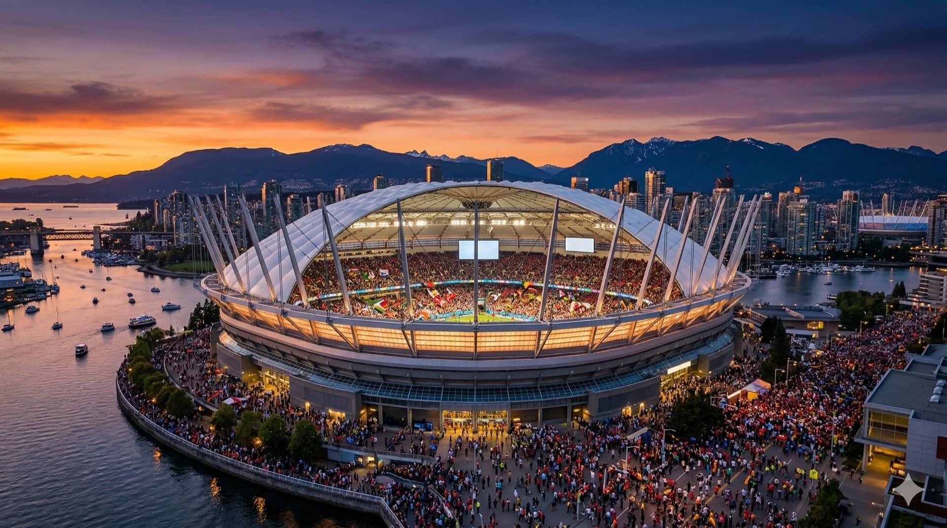 Vista cinematográfica del BC Place en Vancouver, BC para la Copa del Mundo FIFA 2026