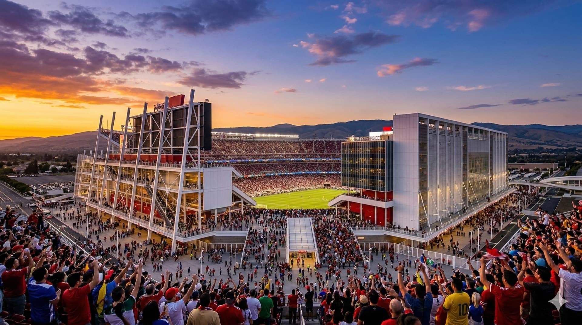 Vista cinematográfica del Levi's Stadium en Santa Clara, CA para la Copa del Mundo FIFA 2026
