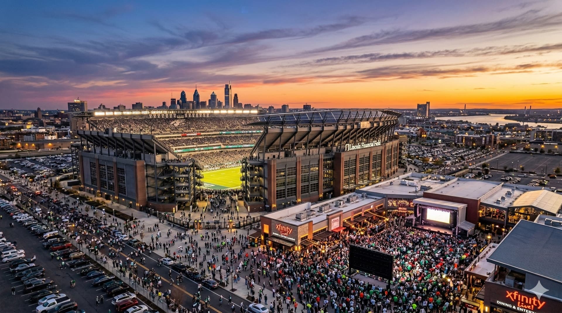 Vista cinematográfica del Lincoln Financial Field en Philadelphia, PA para la Copa del Mundo FIFA 2026
