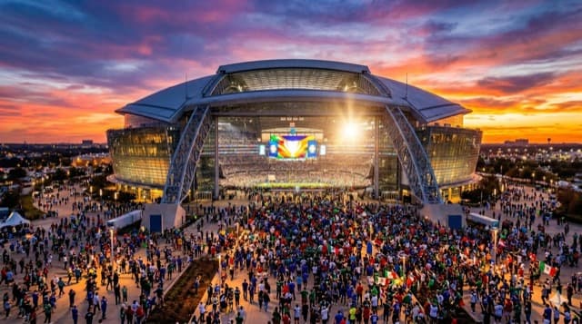 Vista cinematográfica del AT&T Stadium en Arlington, TX para la Copa del Mundo FIFA 2026
