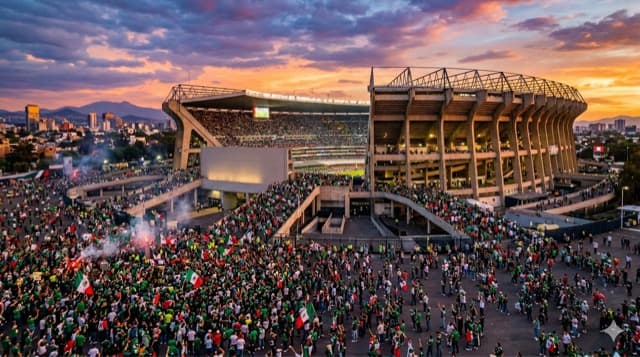 Vista cinematográfica del Estadio Azteca en Ciudad de México para la Copa del Mundo FIFA 2026