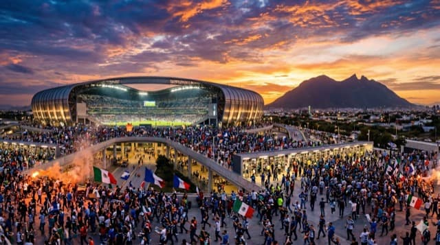 Vista cinematográfica del Estadio BBVA en Monterrey para la Copa del Mundo FIFA 2026