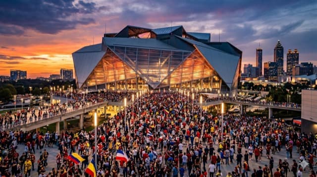 Vista cinematográfica del Mercedes-Benz Stadium en Atlanta, GA para la Copa del Mundo FIFA 2026